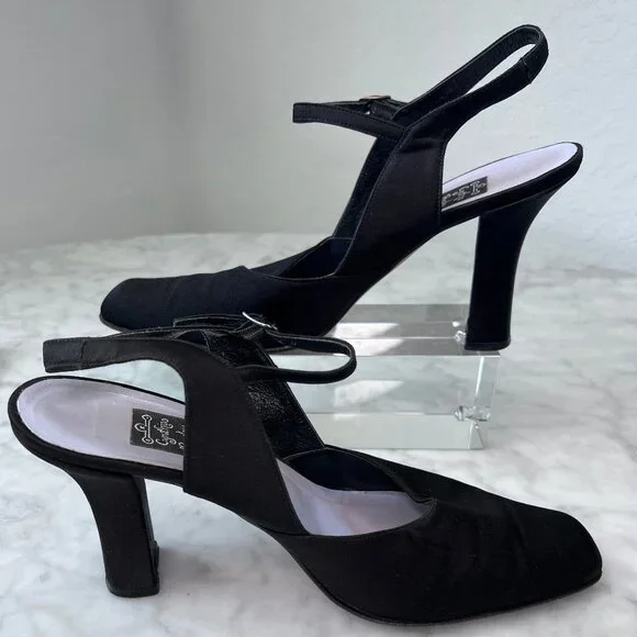 Cynthia Rowley Black Satin High Heels Shoes Women's Buckle Slingback Fabric 9AA - Picture 1 of 9